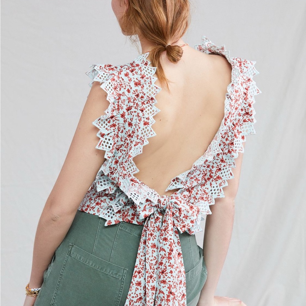 Anthropologie Floral Lace Trim Blouse - Red and Pale Blue